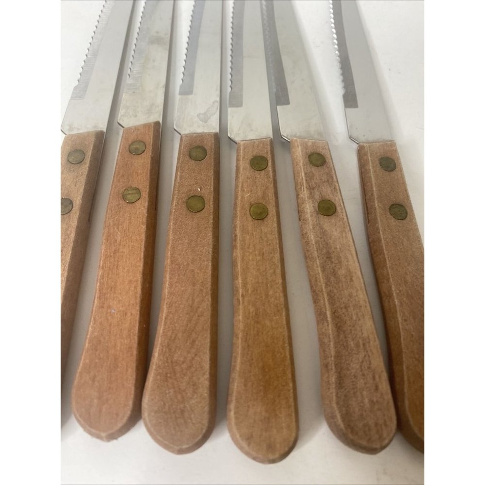 Steak Knives Wooden Handle Serrated Knife Set 6 Wood Stainless Steel - Picture 2 of 5